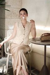 KS1622 - SET  ÁO GILE REN CAO CẤP, VÁY LỤA DÀI (KEM)