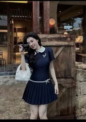 SKY5972 - ĐẦM NGẮN TÙNG XẾP LY PHỐI NƠ (XANH ĐEN)