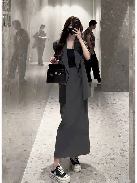 TB9507 - SET ÁO VEST, VÁY DÀI XÁM (KHÔNG KÈM ÁO TRONG)