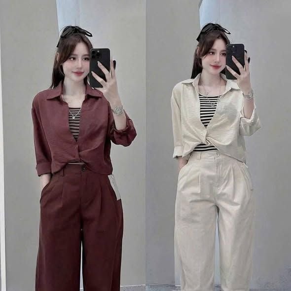 TB9751 - SET SƠMI XOẮN EO, QUẦN DÀI ĐỎ ĐÔ (KÈM ÁO TRONG)