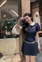 SKY5972 - ĐẦM NGẮN TÙNG XẾP LY PHỐI NƠ (XANH ĐEN)