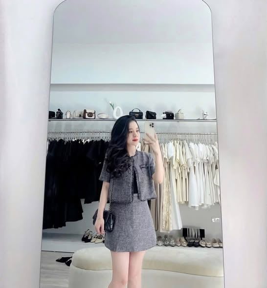 KS1645 - SET DẠ XÁM MUỐI TIÊU VIỀN TUA RUA (KHÔNG KÈM ÁO TRONG)