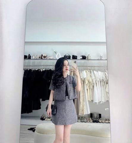KS1645 - SET DẠ XÁM MUỐI TIÊU VIỀN TUA RUA (KHÔNG KÈM ÁO TRONG)