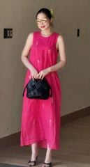 SKY9709 - ĐẦM LINEN SÁT NÁCH THÊU LÁ (HỒNG SEN)