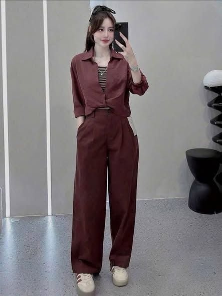 TB9751 - SET SƠMI XOẮN EO, QUẦN DÀI ĐỎ ĐÔ (KÈM ÁO TRONG)