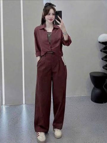 TB9751 - SET SƠMI XOẮN EO, QUẦN DÀI ĐỎ ĐÔ (KÈM ÁO TRONG)