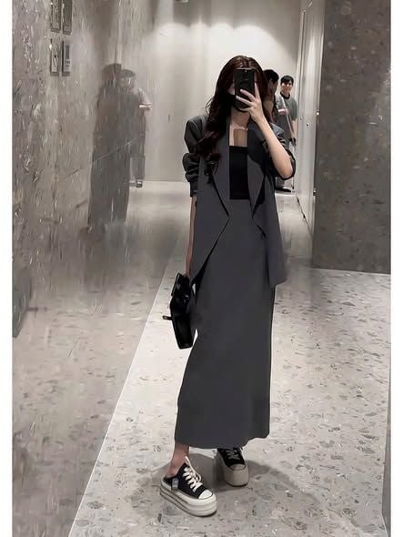 TB9507 - SET ÁO VEST, VÁY DÀI XÁM (KHÔNG KÈM ÁO TRONG)