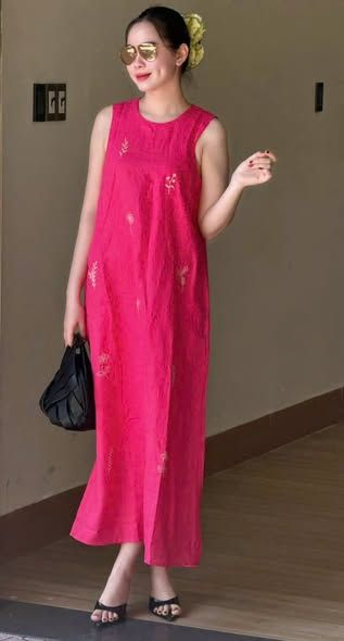 SKY9709 - ĐẦM LINEN SÁT NÁCH THÊU LÁ (HỒNG SEN)