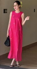 SKY9709 - ĐẦM LINEN SÁT NÁCH THÊU LÁ (HỒNG SEN)