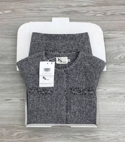 KS1645 - SET DẠ XÁM MUỐI TIÊU VIỀN TUA RUA (KHÔNG KÈM ÁO TRONG)