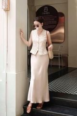 KS1622 - SET  ÁO GILE REN CAO CẤP, VÁY LỤA DÀI (KEM)