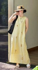 SKY9711 - ĐẦM LINEN SÁT NÁCH THÊU LÁ (TRẮNG)