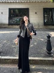 VGU2051 - SET ÁO KHOÁC JEAN, VÁY DÀI 2 DÂY ĐEN