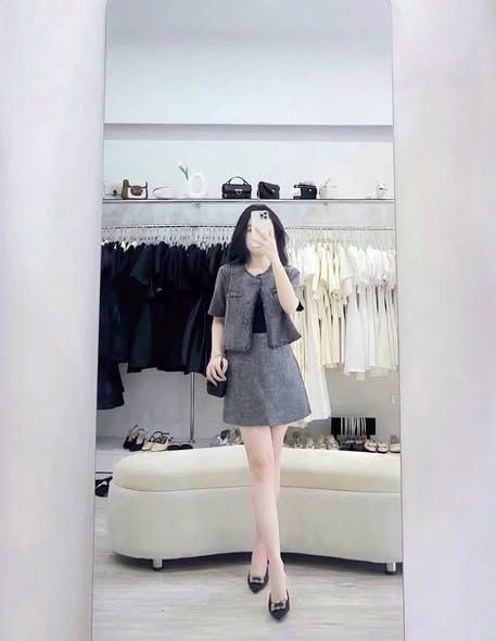 KS1645 - SET DẠ XÁM MUỐI TIÊU VIỀN TUA RUA (KHÔNG KÈM ÁO TRONG)