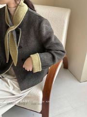 LEN6046 KHOÁC DẠ CỪU PHỐI MÀU KÈM KHĂN (XÁM) 26336