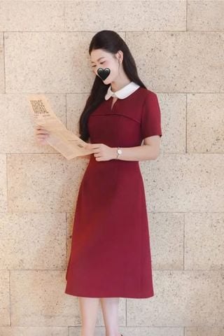 SKY9795 - ĐẦM NGẮN ĐỎ PHỐI CỔ BẦU TRẮNG