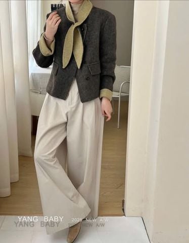 LEN6046 KHOÁC DẠ CỪU PHỐI MÀU KÈM KHĂN (XÁM) 26336