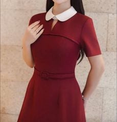 SKY9795 - ĐẦM NGẮN ĐỎ PHỐI CỔ BẦU TRẮNG