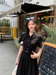 VGU2065 - ĐẦM SƠMI NÚT TIM TÙNG LY ĐEN (KÈM NỊT)