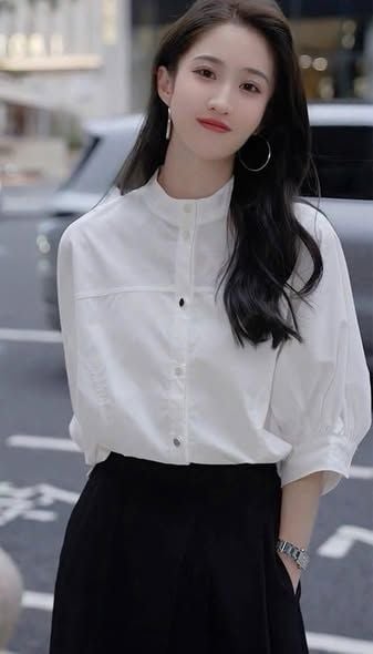 VGU2057 - SET ÁO SƠMI TRẮNG CÁNH DƠI, VÁY DÀI ĐEN