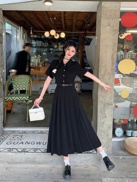 VGU2065 - ĐẦM SƠMI NÚT TIM TÙNG LY ĐEN (KÈM NỊT)