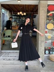 VGU2065 - ĐẦM SƠMI NÚT TIM TÙNG LY ĐEN (KÈM NỊT)