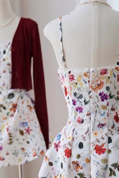 KS1676 - ĐẦM 2 DÂY HOA, KÈM ÁO KHOÁC ĐỎ