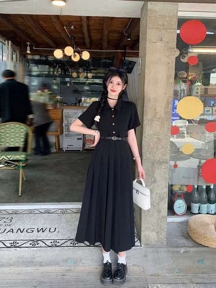 VGU2065 - ĐẦM SƠMI NÚT TIM TÙNG LY ĐEN (KÈM NỊT)