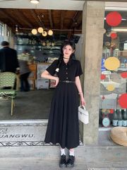 VGU2065 - ĐẦM SƠMI NÚT TIM TÙNG LY ĐEN (KÈM NỊT)