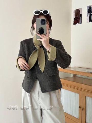 LEN6046 KHOÁC DẠ CỪU PHỐI MÀU KÈM KHĂN (XÁM) 26336