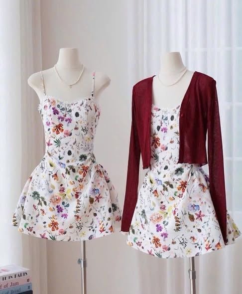 KS1676 - ĐẦM 2 DÂY HOA, KÈM ÁO KHOÁC ĐỎ