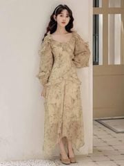 VGU2090 - ĐẦM DÀI HOA VIỀN BÈO (MÀU DA)