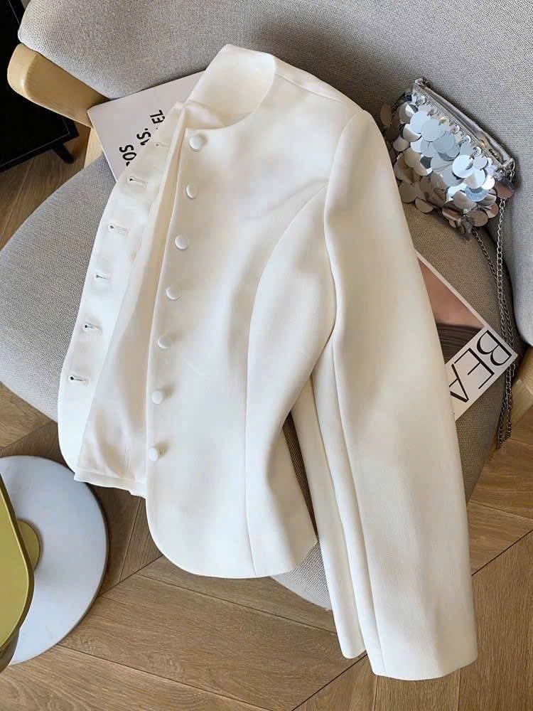 KS1677 - SET ÁO PHỐI NÚT BỌC, VÁY DÀI - KÈM TAG (KEM)