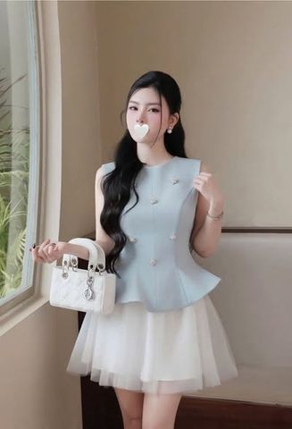 SKY9780 - SET ÁO XANH ĐÍNH ĐÁ, VÁY NGẮN