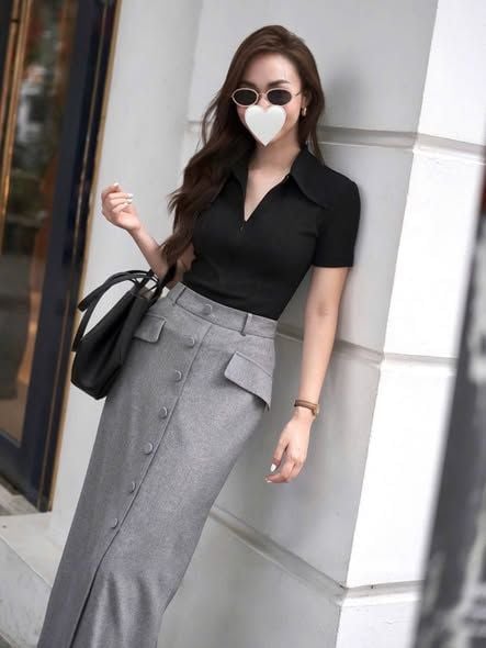 KS1671 - SET ÁO THUN KHÓA KÉO - CHÂN VÁY XÁM