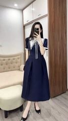 KS1687 - ĐẦM DÀI XANH ĐEN PHỐI CỔ NHỌN TRẮNG