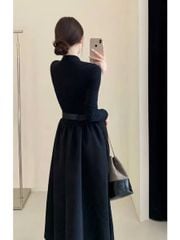 KS1695 - ĐẦM CỔ V TÙNG XÒE - KÈM NỊT (ĐEN)