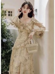 VGU2090 - ĐẦM DÀI HOA VIỀN BÈO (MÀU DA)