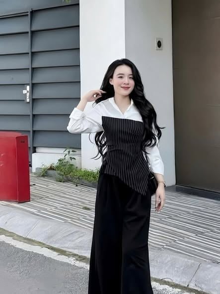 VGU2114 - SET ÁO SƠMI TRẮNG PHỐI SỌC, QUẦN TÂY DÀI