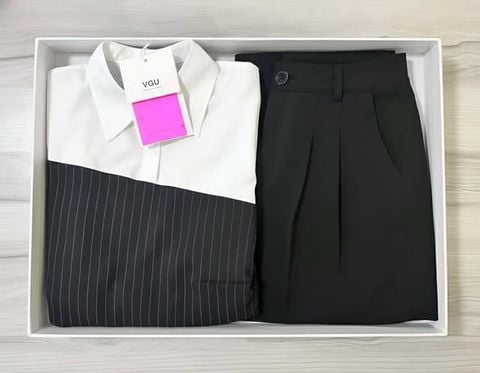 VGU2114 - SET ÁO SƠMI TRẮNG PHỐI SỌC, QUẦN TÂY DÀI