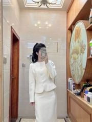 KS1677 - SET ÁO PHỐI NÚT BỌC, VÁY DÀI - KÈM TAG (KEM)