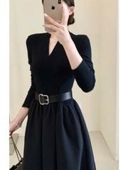 KS1695 - ĐẦM CỔ V TÙNG XÒE - KÈM NỊT (ĐEN)