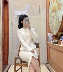 KS1677 - SET ÁO PHỐI NÚT BỌC, VÁY DÀI - KÈM TAG (KEM)