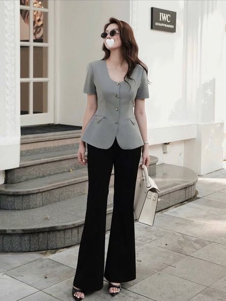 VGU2122 - SET ÁO PHỐI NẮP TÚI - QUẦN DÀI LOE ĐEN