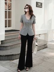 VGU2122 - SET ÁO PHỐI NẮP TÚI - QUẦN DÀI LOE ĐEN