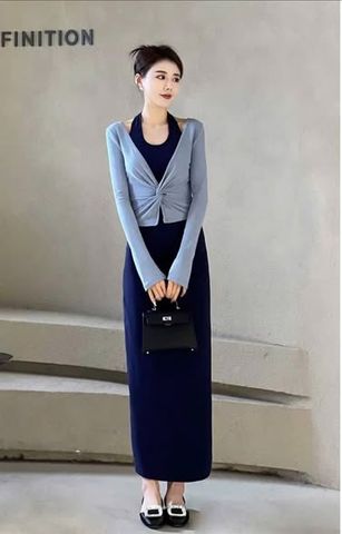 KS1693 - SET ĐẦM DÀI CỔ YẾM + ÁO KHOÁC XOẮN EO (XANH)