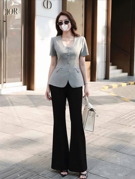 VGU2122 - SET ÁO PHỐI NẮP TÚI - QUẦN DÀI LOE ĐEN