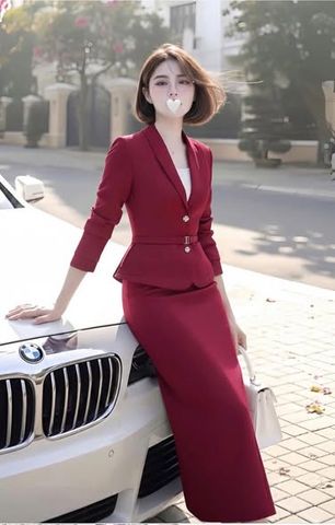 SHE4818 - SET VEST PHỐI NÚT, VÁY DÀI + DÂY (ĐỎ) - KHÔNG KÈM ÁO TRONG