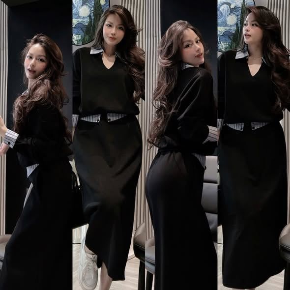 SKY5998 - SET ÁO TAY DÀI PHỐI SƠMI SỌC XANH, VÁY DÀI (XÁM)