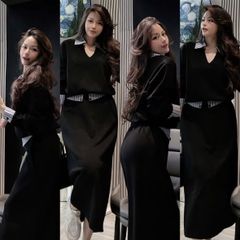 SKY5998 - SET ÁO TAY DÀI PHỐI SƠMI SỌC XANH, VÁY DÀI (XÁM)